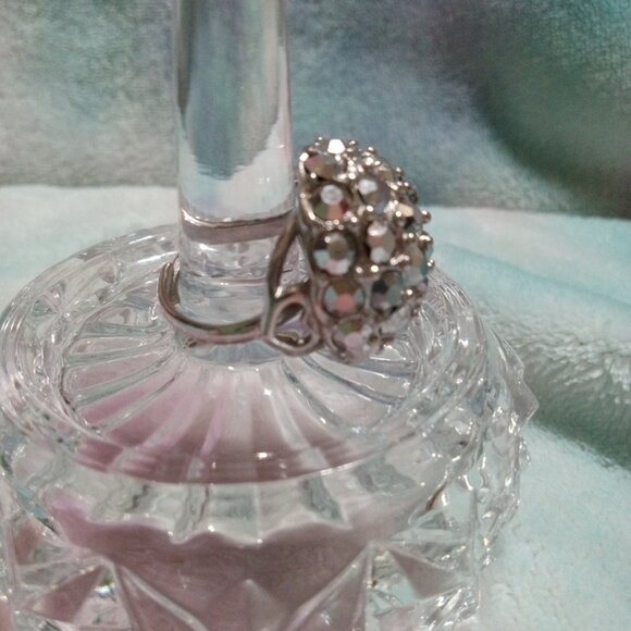 Vintage Sarah Coventry Cocktail Ring Marcasite Rhinestone Dome Silver Adjusts - Picture 3 of 9